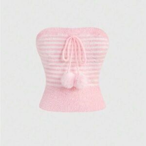 ROMWE Pink Striped Fuzzy Pom Pom Strapless Crop Top